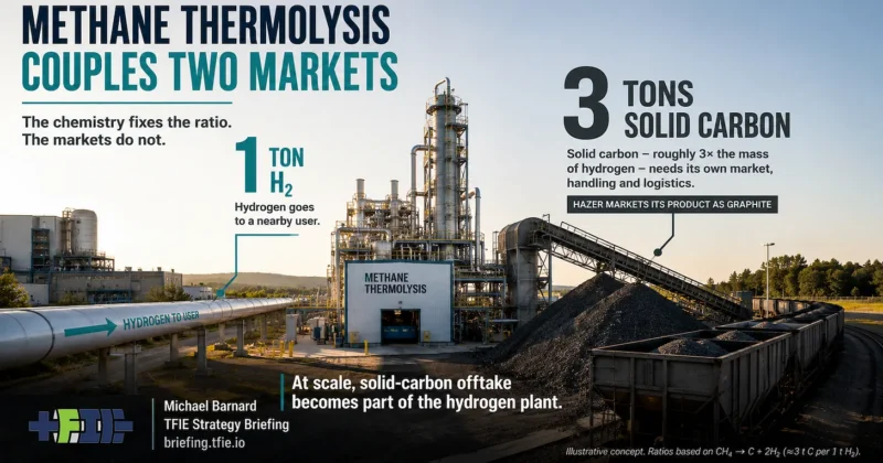 Infographic showing a Stegra-scale hydrogen-DRI steelworks supplied by methane thermolysis. Annual hydrogen demand of roughly 113,000–122,000 tonnes produces about 340,000–365,000 tonnes of graphite, while steelmaking consumes only about 45,000–63,000 tonnes.