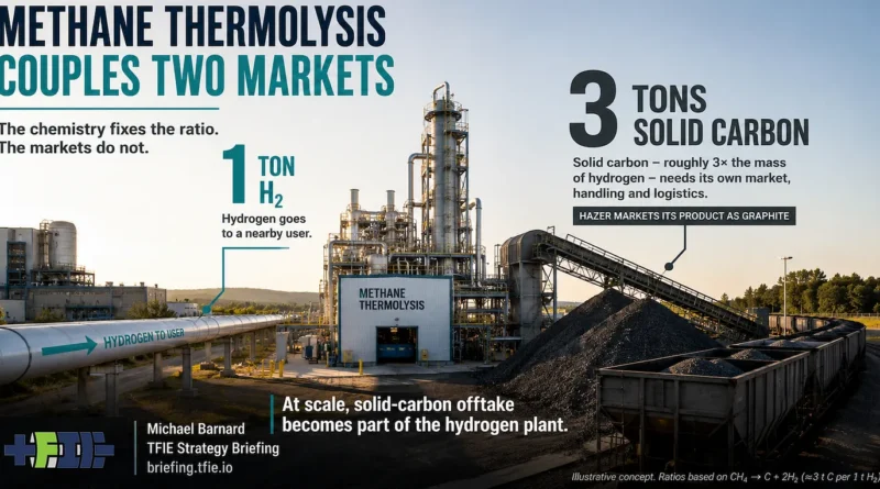 Infographic showing a Stegra-scale hydrogen-DRI steelworks supplied by methane thermolysis. Annual hydrogen demand of roughly 113,000–122,000 tonnes produces about 340,000–365,000 tonnes of graphite, while steelmaking consumes only about 45,000–63,000 tonnes.