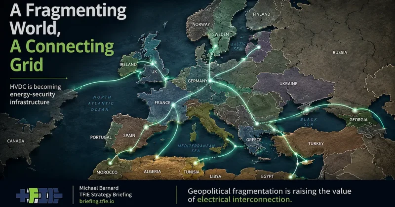 Dark satellite-style map of Europe and the Mediterranean with bright electricity corridors linking countries across western Europe, the Baltic, Mediterranean and North Africa. Large text reads “A Fragmenting World, A Connecting Grid,” with the message that HVDC is becoming energy-security infrastructure. TFIE Strategy Briefing branding appears at lower left.