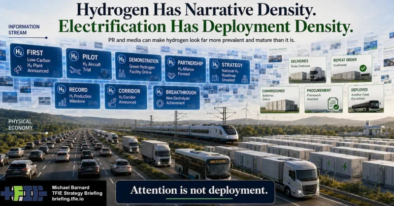 Split information-versus-physical-economy graphic showing hydrogen pilots, records and partnerships in the media stream above large-scale electric cars, buses, trucks, trains and battery storage below.