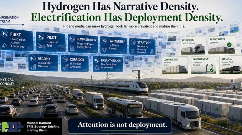 Split information-versus-physical-economy graphic showing hydrogen pilots, records and partnerships in the media stream above large-scale electric cars, buses, trucks, trains and battery storage below.