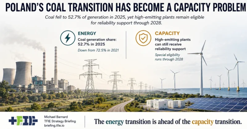 Polish electricity-transition landscape with a coal plant on the left and wind turbines and solar panels on the right. Callouts contrast coal’s 52.7% generation share in 2025 with continued capacity-market eligibility for high-emitting plants through 2028.