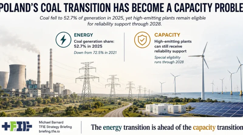 Polish electricity-transition landscape with a coal plant on the left and wind turbines and solar panels on the right. Callouts contrast coal’s 52.7% generation share in 2025 with continued capacity-market eligibility for high-emitting plants through 2028.