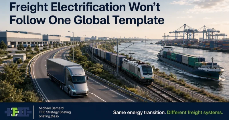 Composite freight scene showing an electric semi-truck on a highway, an electric freight train on adjacent tracks and a container vessel on a waterway near port cranes. Large text reads “Freight Electrification Won’t Follow One Global Template,” with the tagline “Same energy transition. Different freight systems.” TFIE Strategy Briefing branding appears at lower left.