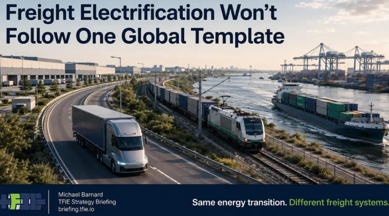 Composite freight scene showing an electric semi-truck on a highway, an electric freight train on adjacent tracks and a container vessel on a waterway near port cranes. Large text reads “Freight Electrification Won’t Follow One Global Template,” with the tagline “Same energy transition. Different freight systems.” TFIE Strategy Briefing branding appears at lower left.