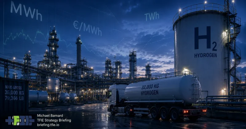 Nighttime industrial refinery scene with a large hydrogen storage tank and hydrogen tanker truck in the foreground. Faint MWh, TWh and €/MWh labels are superimposed over the industrial site, contrasting energy-market units with the physical kilogram-and-tonne hydrogen commodity market. TFIE Strategy Briefing branding appears at lower left.