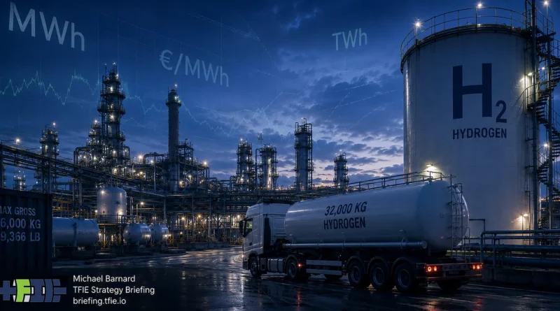 Nighttime industrial refinery scene with a large hydrogen storage tank and hydrogen tanker truck in the foreground. Faint MWh, TWh and €/MWh labels are superimposed over the industrial site, contrasting energy-market units with the physical kilogram-and-tonne hydrogen commodity market. TFIE Strategy Briefing branding appears at lower left.