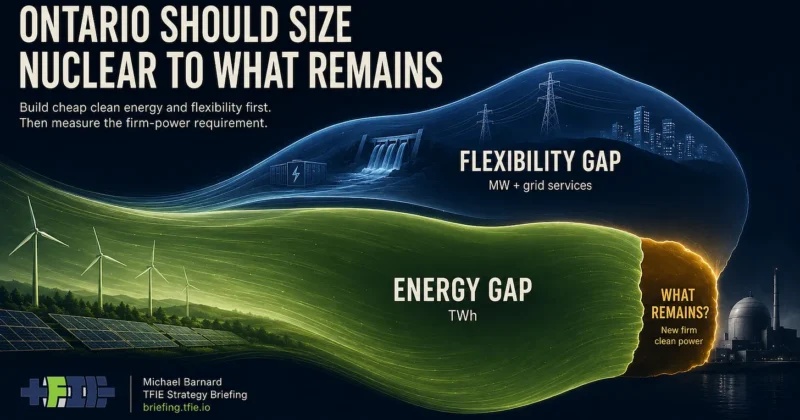 TFIE hero graphic showing Ontario’s future electricity need as an energy gap filled by wind and solar, topped by a flexibility gap supplied by storage, hydro, transmission and flexible demand, leaving a smaller residual requirement for new firm nuclear power.