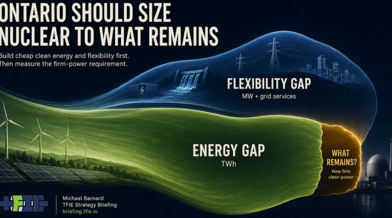 TFIE hero graphic showing Ontario’s future electricity need as an energy gap filled by wind and solar, topped by a flexibility gap supplied by storage, hydro, transmission and flexible demand, leaving a smaller residual requirement for new firm nuclear power.