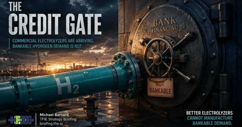 Hydrogen pipeline points toward a bank-vault door marked “Not Bankable,” with an industrial port in the background. The graphic contrasts commercially deployed electrolyzers with the difficulty of financing merchant hydrogen demand.