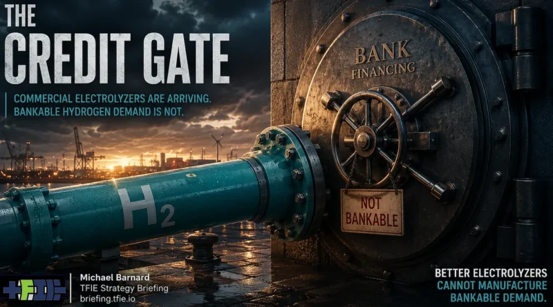 Hydrogen pipeline points toward a bank-vault door marked “Not Bankable,” with an industrial port in the background. The graphic contrasts commercially deployed electrolyzers with the difficulty of financing merchant hydrogen demand.
