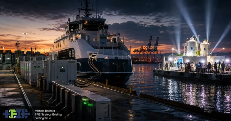 Evening port scene showing a large electric vessel docked beside battery and charging equipment in the foreground. Across the water, a hydrogen installation marked H2 is brightly lit by spotlights with a crowd gathered around it. TFIE Strategy Briefing branding appears at lower left, visually contrasting routine battery-electric charging with a highly promoted hydrogen demonstration.