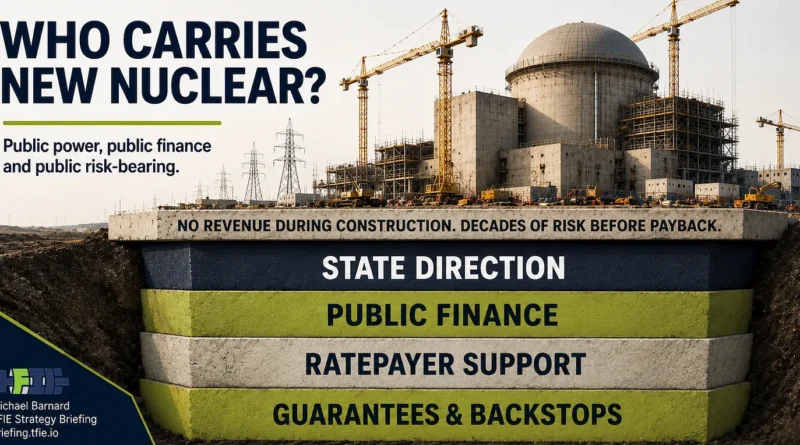 TFIE Strategy Briefing graphic showing a nuclear plant under construction above four supporting layers labeled state direction, public finance, ratepayer support, and guarantees and backstops. The graphic asks “Who carries new nuclear?” and emphasizes that there is no revenue during construction and years of risk before payback.