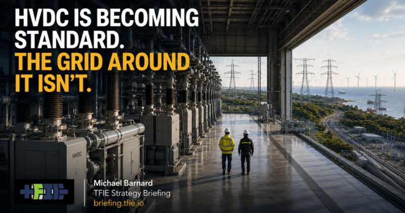 Engineers walk through an HVDC converter station overlooking transmission towers and offshore wind turbines. Large text reads, “HVDC is becoming standard. The grid around it isn’t."