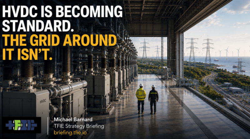 Engineers walk through an HVDC converter station overlooking transmission towers and offshore wind turbines. Large text reads, “HVDC is becoming standard. The grid around it isn’t."