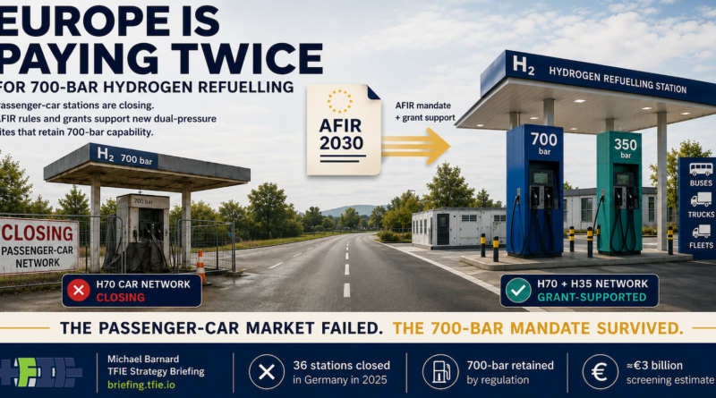 Graphic showing a closing 700-bar hydrogen passenger-car station beside a new grant-supported dual-pressure hydrogen station with 700-bar and 350-bar dispensers.