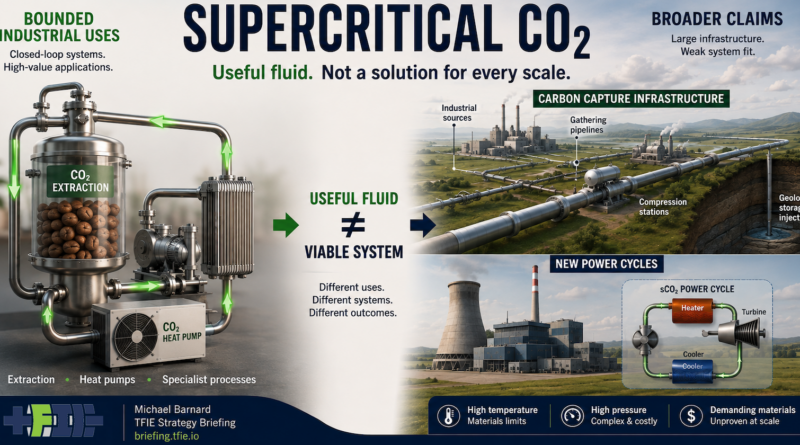 TFIE graphic contrasting a compact closed-loop supercritical CO₂ industrial system with large carbon-capture pipeline infrastructure and a proposed supercritical-CO₂ power cycle, illustrating that a useful fluid does not automatically make a viable large-scale system.