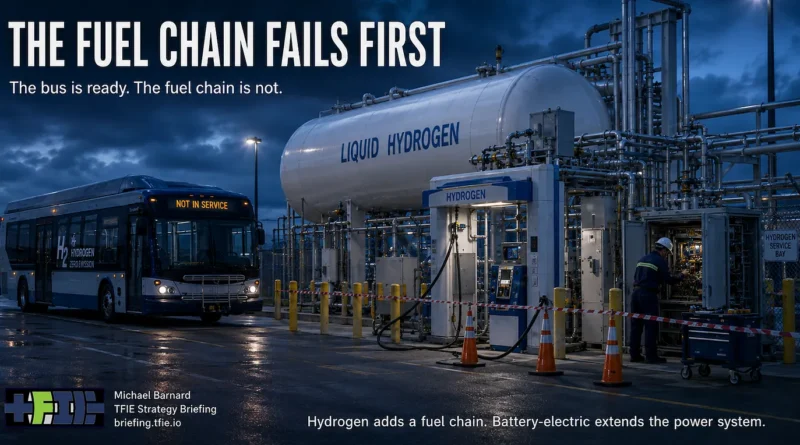 Hydrogen fuel-cell transit bus beside liquid-hydrogen storage and dispensing equipment at night, with the words “The Fuel Chain Fails First.” The graphic contrasts a serviceable bus with the specialized hydrogen infrastructure required to keep it operating.