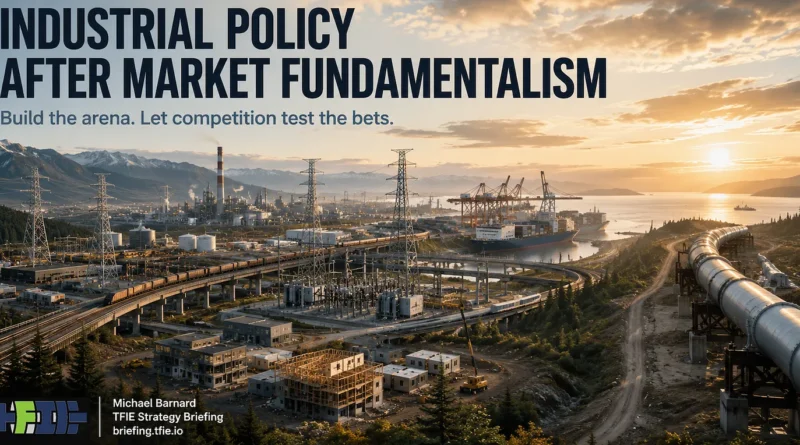 Wide industrial landscape at sunset with electricity transmission lines and substations, factories, rail infrastructure, port cranes and a large pipeline crossing the foreground. Text reads “Industrial Policy After Market Fundamentalism” and “Build the arena. Let competition test the bets,” with TFIE Strategy Briefing attribution at lower left.