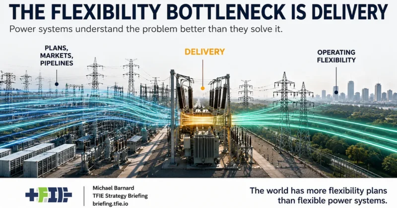 TFIE Strategy Briefing graphic showing electricity planning, markets and project pipelines flowing toward a central grid-delivery bottleneck before reaching operating flexibility, illustrating that power systems often understand and plan for flexibility faster than they deliver it.