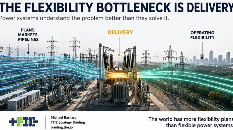 TFIE Strategy Briefing graphic showing electricity planning, markets and project pipelines flowing toward a central grid-delivery bottleneck before reaching operating flexibility, illustrating that power systems often understand and plan for flexibility faster than they deliver it.