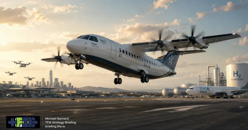Editorial composite showing a Heart Aerospace X1 regional aircraft flying above an airport, with small eVTOL aircraft over a city on the left and hydrogen tanks, infrastructure and a hydrogen-branded aircraft on the right. TFIE Strategy Briefing branding appears at lower left. The image contrasts regional electric aviation with the better-funded eVTOL and hydrogen aviation bets.