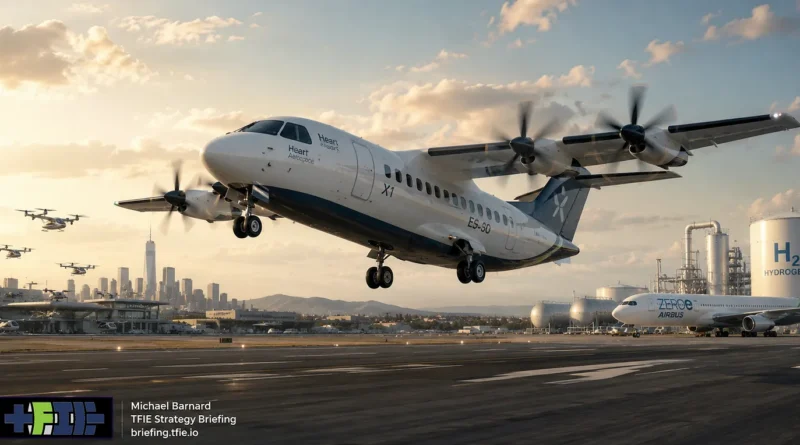 Editorial composite showing a Heart Aerospace X1 regional aircraft flying above an airport, with small eVTOL aircraft over a city on the left and hydrogen tanks, infrastructure and a hydrogen-branded aircraft on the right. TFIE Strategy Briefing branding appears at lower left. The image contrasts regional electric aviation with the better-funded eVTOL and hydrogen aviation bets.