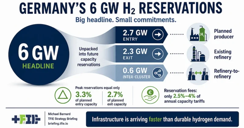 TFIE infographic unpacking Germany’s nearly 6 GW hydrogen reservation headline into 2.7 GW of entry capacity, 2.3 GW of exit capacity and 0.6 GW of inter-cluster transport. It shows reservations equal only about 3.3% of planned entry capacity and 2.7% of planned exit capacity, while reservation fees are only 2.5%–4% of annual capacity tariffs.