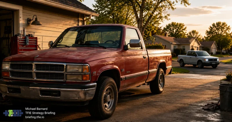 An aging red pickup truck parked in a suburban driveway at sunset, illustrating the household repair and replacement decisions that determine how the US vehicle fleet turns over.