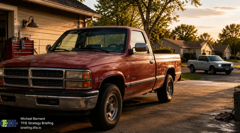 An aging red pickup truck parked in a suburban driveway at sunset, illustrating the household repair and replacement decisions that determine how the US vehicle fleet turns over.