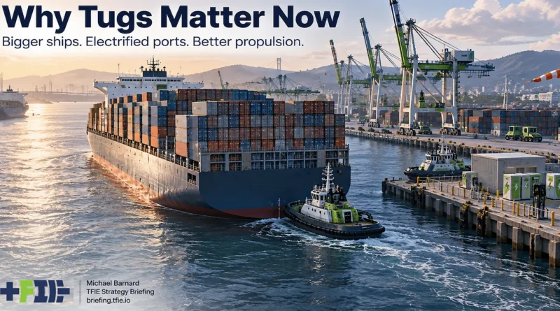 A harbour tug manoeuvres beside a large container ship in an electrified commercial port, illustrating why tug duty cycles and port infrastructure make the vessel class a strong candidate for battery propulsion.