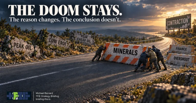 Road barriers labelled peak oil, low EROI and peak cheap oil lie abandoned as a new minerals barrier is pushed across the road toward a distant contraction sign, illustrating the changing constraints in Nate Hagens’ contraction framework.