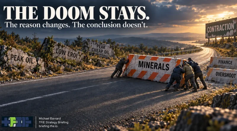 Road barriers labelled peak oil, low EROI and peak cheap oil lie abandoned as a new minerals barrier is pushed across the road toward a distant contraction sign, illustrating the changing constraints in Nate Hagens’ contraction framework.