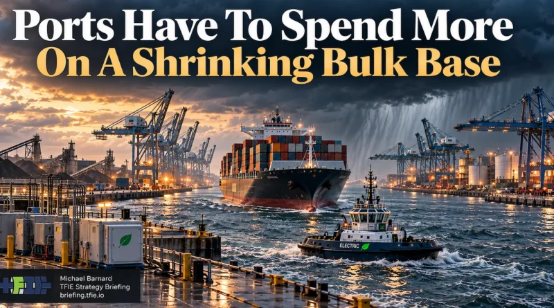 Large container ship and tug enter an industrial port beneath dark storm clouds, illustrating rising port investment needs as traditional bulk cargo declines.