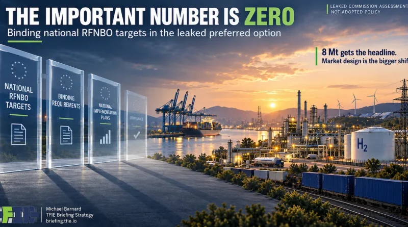 European industrial and energy infrastructure at sunset beside three translucent policy panels representing national RFNBO targets. The headline reads “The Important Number Is Zero,” highlighting that the leaked preferred option contains zero binding national RFNBO consumption targets.