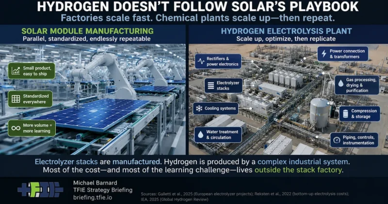 Split comparison graphic titled “Hydrogen Doesn’t Follow Solar’s Playbook.” The left side shows standardized solar-module manufacturing and solar panels; the right shows a large electrolysis plant with power electronics, stacks, cooling, water treatment, gas processing, compression, piping and controls.