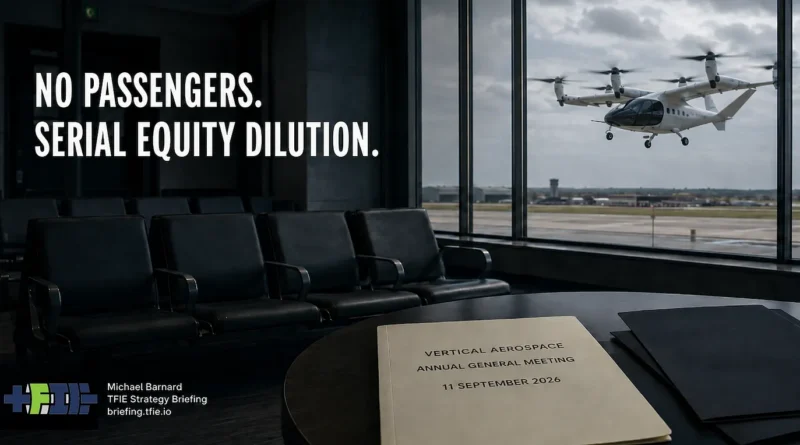 Editorial graphic showing empty airport-style seats and a September 11 Vertical Aerospace AGM document in the foreground, with a Vertical eVTOL aircraft flying outside the window and the headline “No Passengers. Serial Equity Dilution.”