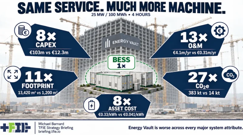 Editorial comparison graphic showing Energy Vault’s large Rudong gravity-storage tower behind a compact Chinese BESS. Callouts compare the same 25 MW / 100 MWh four-hour service, showing Energy Vault at about 8× capital cost, 13× O&M, 11× footprint, 27× initial embodied CO₂e and 8× storage-asset cost.