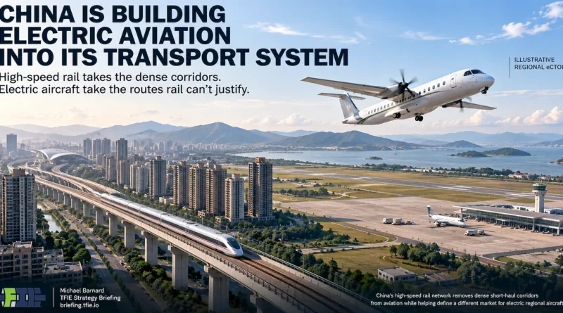 A Chinese high-speed train runs beside a major airport as a twin-engine regional aircraft climbs overhead, illustrating how rail can absorb dense short-haul travel while electric aviation serves thinner regional routes.