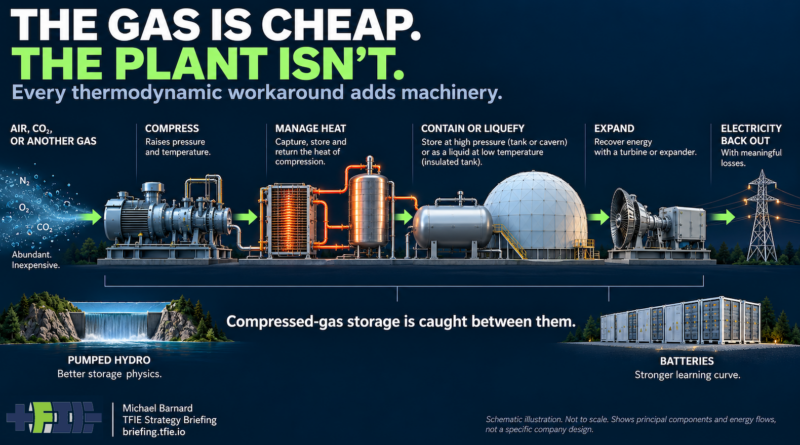 Dark technical infographic showing gas entering a compressed-gas electricity-storage process through compression, thermal management, high-pressure or liquid storage and expansion before electricity returns to the grid. Pumped hydro appears below as the stronger storage-physics reference class, while battery storage appears as the stronger manufacturing-learning reference class.