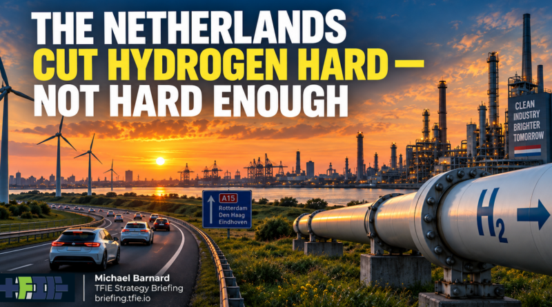 Dutch wind turbines, an electrified motorway and industrial port at sunset beside a large hydrogen pipeline, under the headline “The Netherlands Cut Hydrogen Hard — Not Hard Enough,” illustrating the country’s shift toward electrification while retaining a large hydrogen demand forecast.