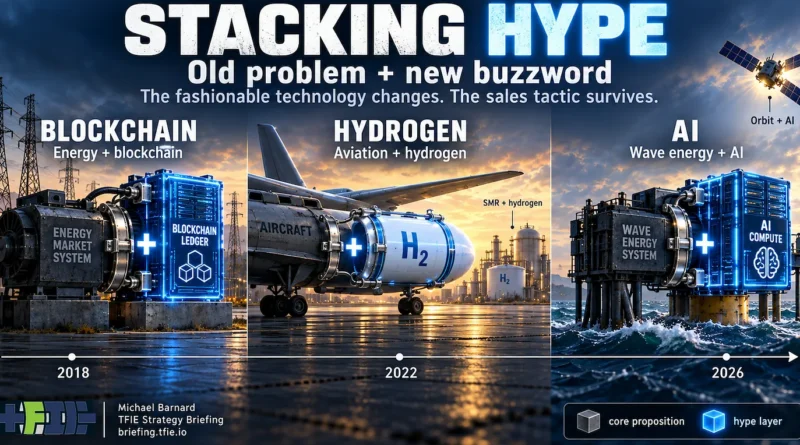 Editorial infographic titled “Stacking Hype: Old problem + new buzzword.” Three scenes show blockchain added to energy systems around 2018, hydrogen added to aviation around 2022, and AI added to wave energy and orbital infrastructure in 2026, illustrating successive fashionable technology layers attached to difficult underlying propositions.