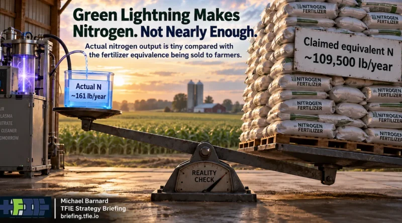 Balance-scale hero comparing Green Lightning’s measured nitrogen output with its much larger claimed conventional fertilizer replacement.