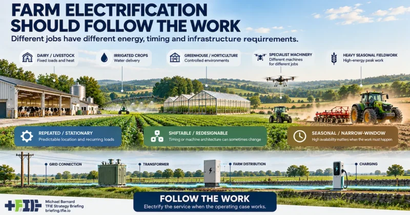Illustrated agricultural landscape showing dairy and livestock facilities, irrigation, greenhouses, specialist machinery and heavy seasonal fieldwork above grid connections, transformers, distribution equipment and charging. The graphic groups farm work into prepared or stationary loads, shiftable or redesignable services, and seasonal narrow-window operations under the message “Follow the work.”