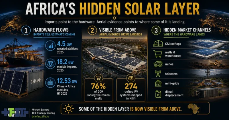 Graphic titled “Africa’s Hidden Solar Layer” connecting three evidence streams. Hardware flows show 4.5 GW of reported African solar additions in 2025, 18.2 GW of module imports in 2025 and 12.53 GW of Chinese module shipments in the first half of 2026. Aerial evidence shows solar on 76% of 209 Johannesburg-area malls and 274 rooftop PV systems mapped in Kilifi, Kenya. A third section depicts hidden market channels including commercial roofs, malls and warehouses, mines, telecoms, mini-grids and diesel displacement.