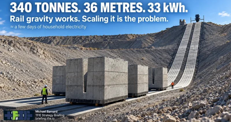 Rail-gravity storage illustration at a steep quarry site showing large concrete-ballasted mass cars on an inclined track. Large text states “340 tonnes. 36 metres. 33 kWh.” and explains that rail gravity works, while scaling stored energy is the challenge.
