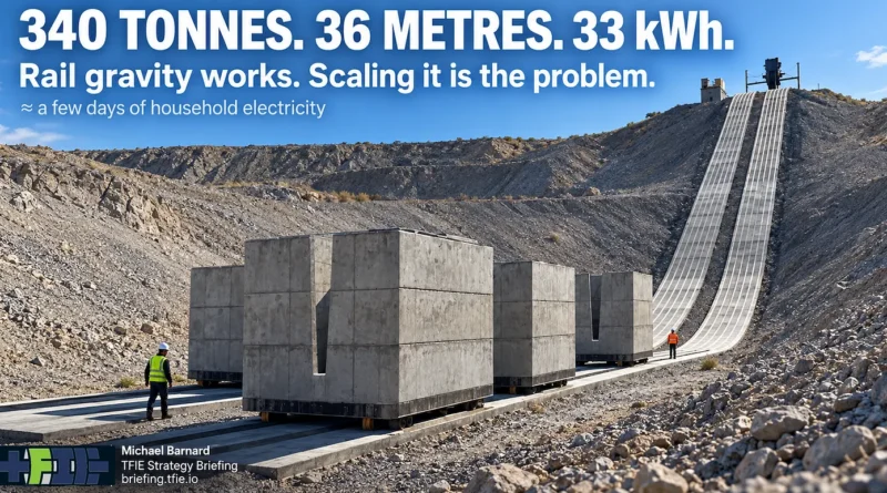 Rail-gravity storage illustration at a steep quarry site showing large concrete-ballasted mass cars on an inclined track. Large text states “340 tonnes. 36 metres. 33 kWh.” and explains that rail gravity works, while scaling stored energy is the challenge.