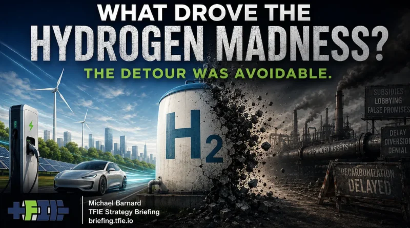 Split editorial graphic with a large H₂ tank at centre. The bright left side shows wind turbines, solar panels, an electric car and a modern city; the dark right side shows fossil-industrial infrastructure breaking away. Title reads “What Drove The Hydrogen Madness? The Detour Was Avoidable.”