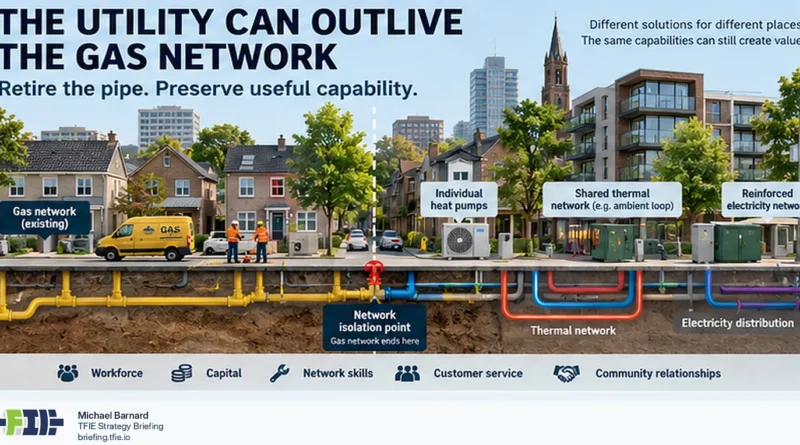 Side-by-side neighbourhood diagrams with the same number of homes leaving gas. In one, converted homes are scattered and most mains remain active. In the other, conversions are concentrated so complete gas-network branches can be isolated and retired.