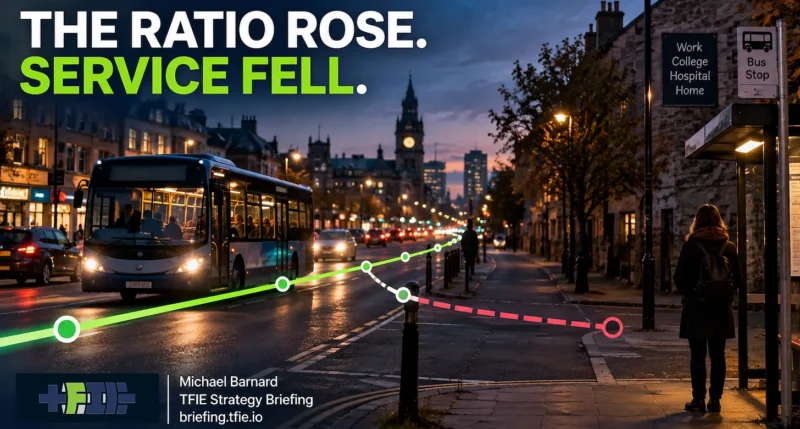Evening bus on a British city street beneath the headline “The Ratio Rose. Service Fell.” A rising green line contrasts with a dashed route ending near a bus stop associated with work, college, hospital and home journeys.
